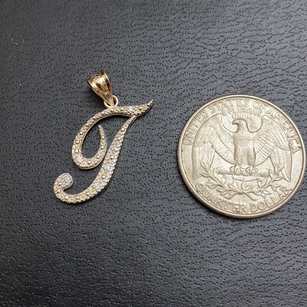 14k Solid Gold Initial Letter T Script Diamond Pe… - image 4